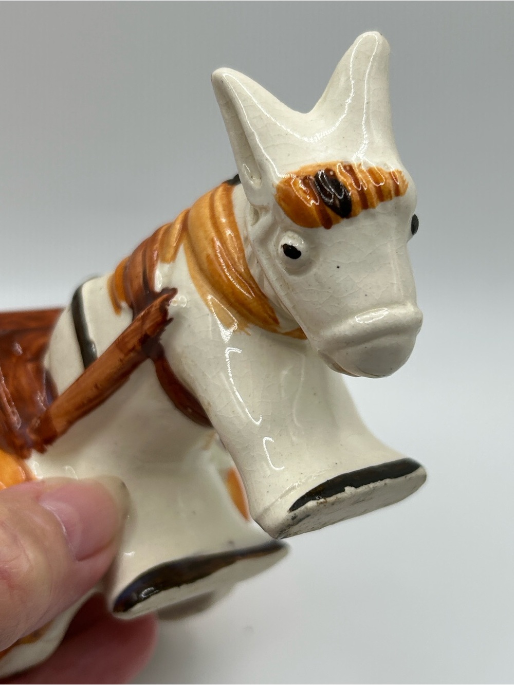 Made in occupied Japan Ceramic Donkey w/wagon small planter. 5”Long 2.5”H